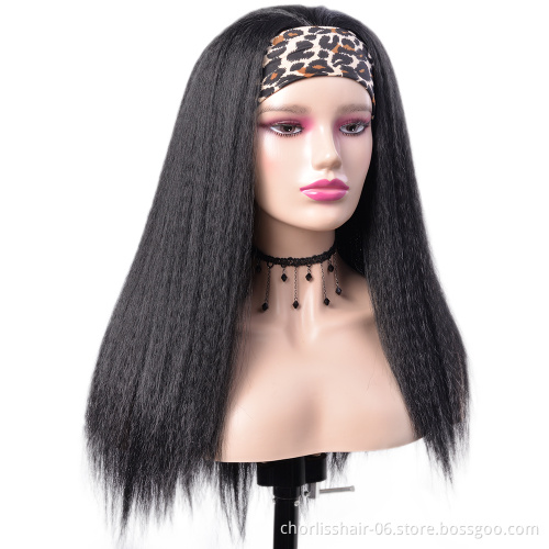 Wholesale long Black Deep Curl Turban Wigs Straight Wigs Heat Resistant Synthetic Wig With Headband Attached For Black Women